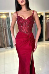 Amazing Long Mermaid Burgundy Spaghetti Straps Lace Prom Evening Dresses With Slit