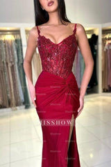 Amazing Long Mermaid Burgundy Spaghetti Straps Lace Prom Evening Dresses With Slit