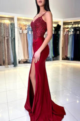 Amazing Long Mermaid Burgundy Spaghetti Straps Lace Prom Evening Dresses With Slit