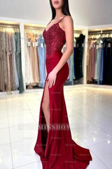 Amazing Long Mermaid Burgundy Spaghetti Straps Lace Prom Evening Dresses With Slit