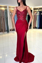 Amazing Long Mermaid Burgundy Spaghetti Straps Lace Prom Evening Dresses With Slit