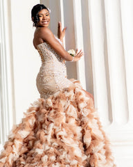 Amazing Long Mermaid One Shoulder Beaded Ruffles Pearls Prom Dresses with Slit