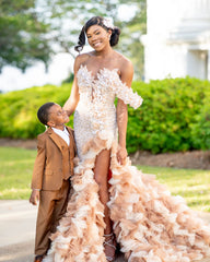 Amazing Long Mermaid One Shoulder Beaded Ruffles Pearls Prom Dresses with Slit