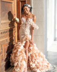 Amazing Long Mermaid One Shoulder Beaded Ruffles Pearls Prom Dresses with Slit