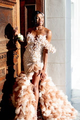 Amazing Long Mermaid One Shoulder Beaded Ruffles Pearls Prom Dresses with Slit