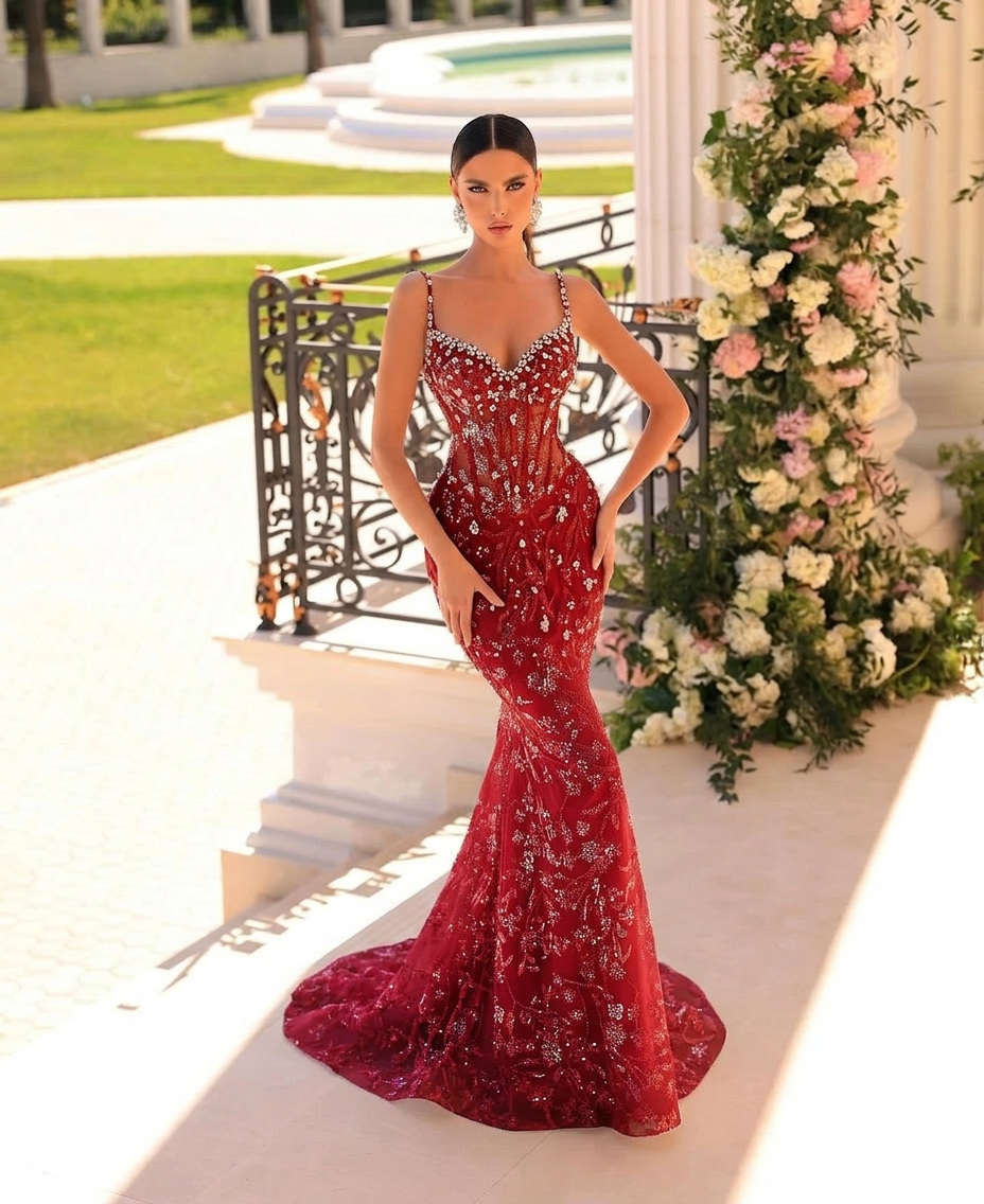 Amazing Long Mermaid Spaghetti Straps Lace Beading Sleeveless Prom Evening Dresses