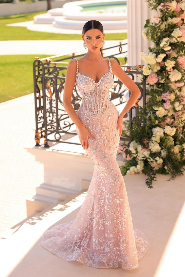Amazing Long Mermaid Spaghetti Straps Lace Beading Sleeveless Prom Evening Dresses