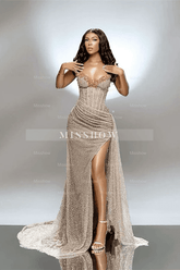 Amazing Long Mermaid Sweetheart Sequined Split Front Prom Dress with Ruffles