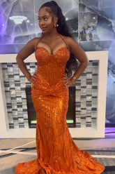 Amazing Long Orange Halter Sleeveless Mermaid Prom Dress with Beaded Appliques