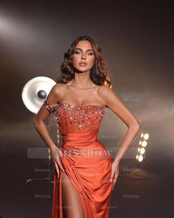 Amazing Long Orange Sleeveless Mermaid Split Front Prom Dress With Rhinestones