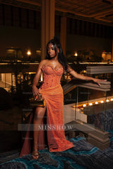 Amazing Long Orange Strapless Sequined Prom Dress with Slit