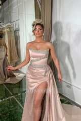 Amazing Long Pink A-line Strapless Sequined Beading Prom Evening Dresses with Slit