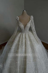 Amazing Long Princess A-line V-neck Lace Beading Wedding Dresses With Long Sleeves