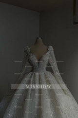 Amazing Long Princess A-line V-neck Lace Beading Wedding Dresses With Long Sleeves