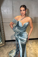 Amazing Long Red One Shoulder Sequined Mermaid Prom Evening Dresses with Slit