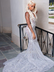 Amazing Long Silver Sleeveless Mermaid Dress with Appliques and Rhinestones