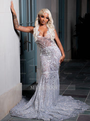 Amazing Long Silver Sleeveless Mermaid Dress with Appliques and Rhinestones