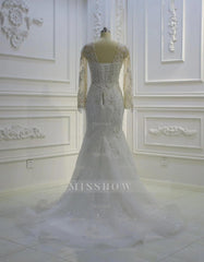 Amazing Long White Mermaid Long Sleeves Lace Tulle Appliques Wedding Dress with Detachable Train