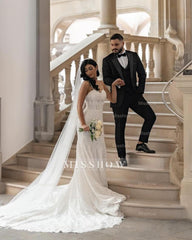 Amazing Mermaid Lace Spaghetti Straps Sleeveless White Long Wedding Dress With Appliques