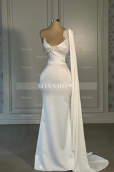Amazing Mermaid Satin One Shoulder Sleeveless White Wedding Dress With Rhinestone