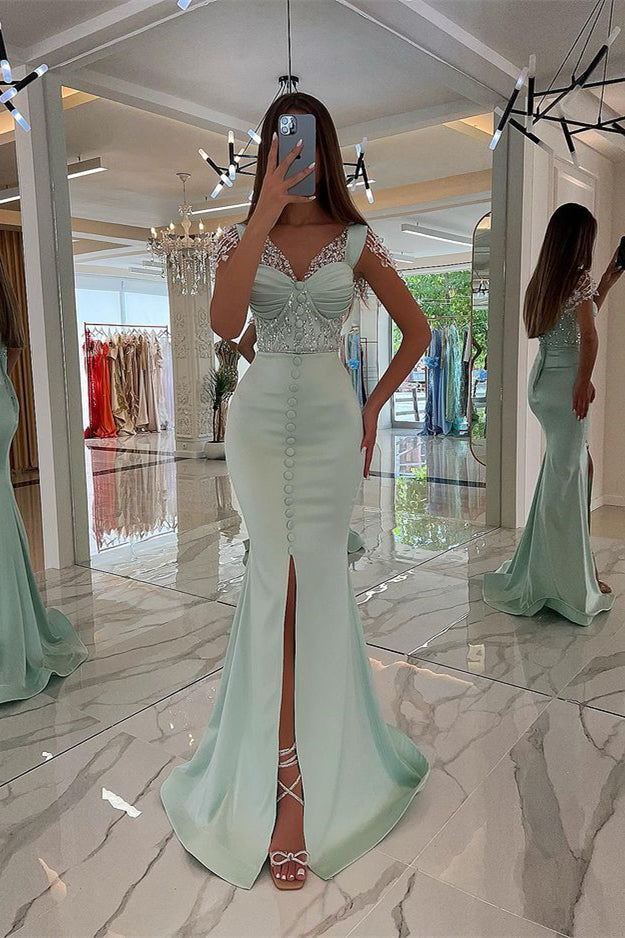 Amazing Mint Green Cap Sleeves Formal Dress Long Front Slit With Buttons Beads