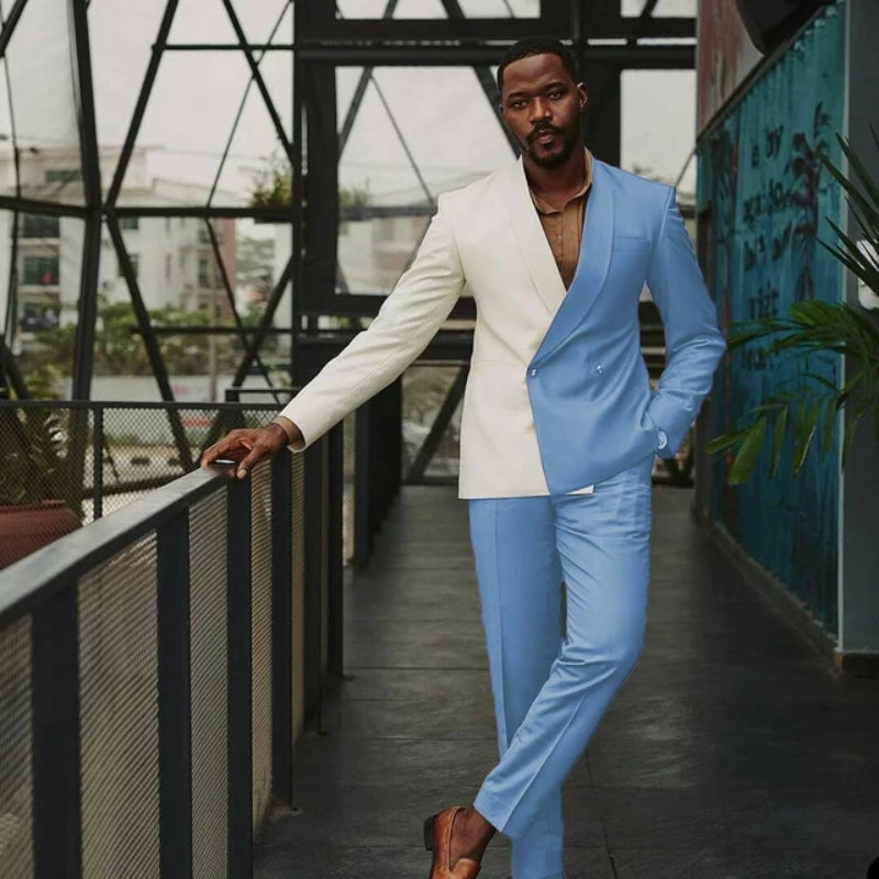 Amazing Sky Blue Shawl Lapel Double Breasted Prom Suit
