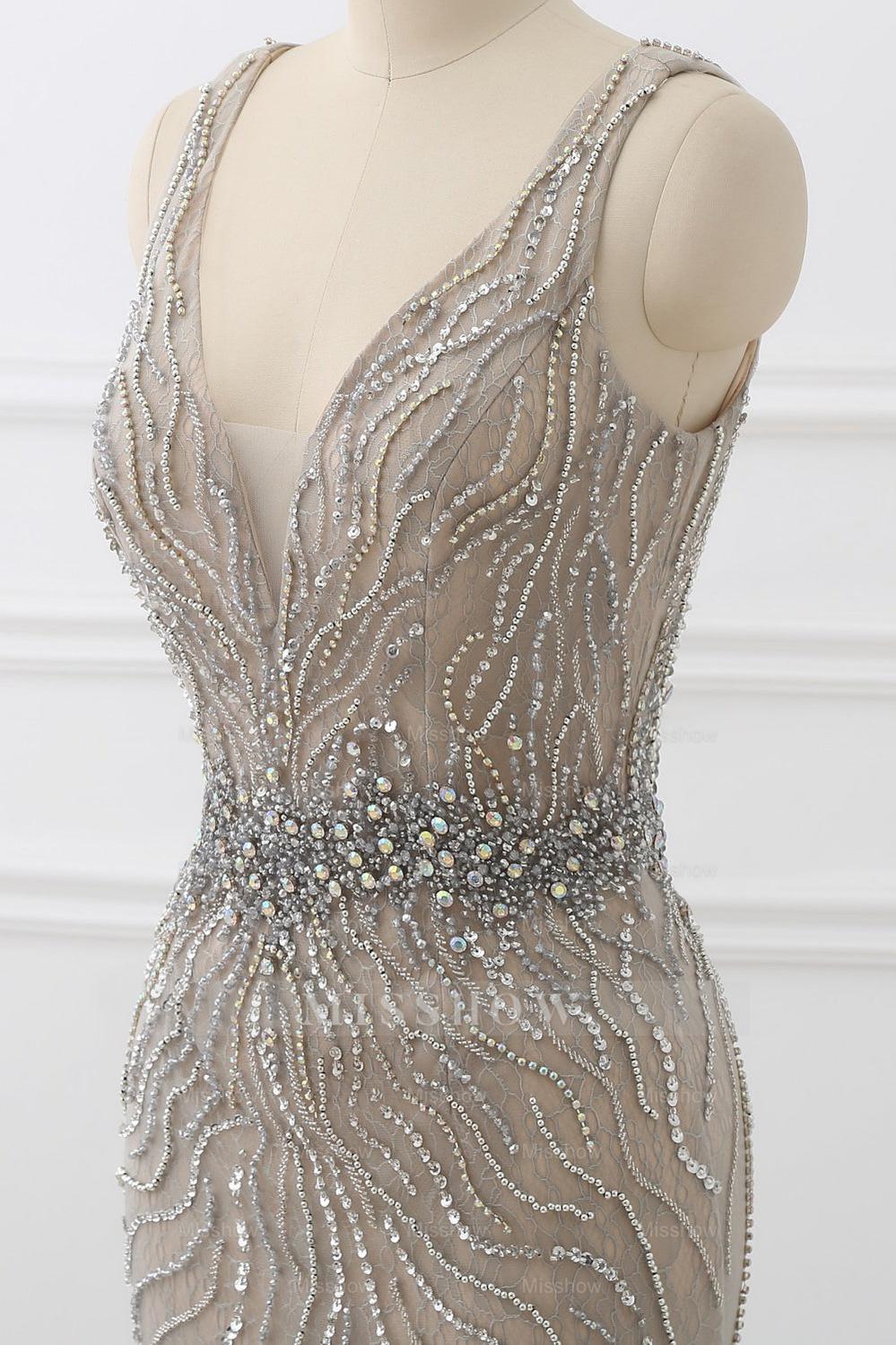 Amazing Tulle Sleeveless V Neck Formal Dress Mermaid With Beading
