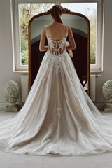 Amazing White A-Line Spaghetti Strap Sleeveless Beaded Cathedral Train Lace Long Tulle Wedding Dresses With Appliques
