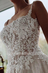 Amazing White A-Line Spaghetti Strap Sleeveless Beaded Cathedral Train Lace Long Tulle Wedding Dresses With Appliques