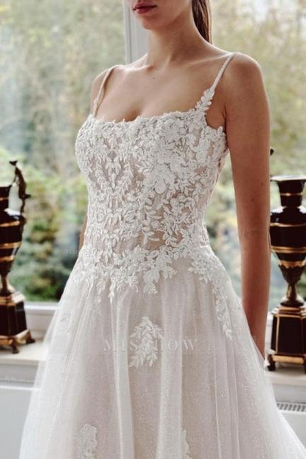 Amazing White A-Line Spaghetti Strap Sleeveless Beaded Cathedral Train Lace Long Tulle Wedding Dresses With Appliques