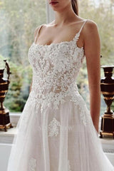 Amazing White A-Line Spaghetti Strap Sleeveless Beaded Cathedral Train Lace Long Tulle Wedding Dresses With Appliques