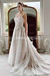 Amazing White A-Line Spaghetti Strap Sleeveless Beaded Cathedral Train Lace Long Tulle Wedding Dresses With Appliques