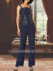 Ankle-Length 3-Piece Chiffon Pantsuit With Square Neck And Applique For Mother Of The Bride