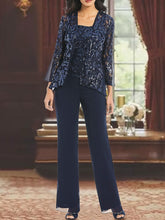 Ankle-Length 3-Piece Chiffon Pantsuit With Square Neck And Applique For Mother Of The Bride