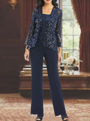 Ankle-Length 3-Piece Chiffon Pantsuit With Square Neck And Applique For Mother Of The Bride