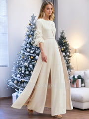 Ankle-Length Mother of the Bride Feather-Adorned Pantsuits with Jewel Neck and Half Sleeves