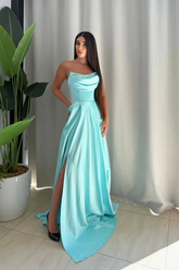 Aqua Strapless Sleeveless A-Line Satin Rhinestone Beaded Slit Floor Length Evening Gown
