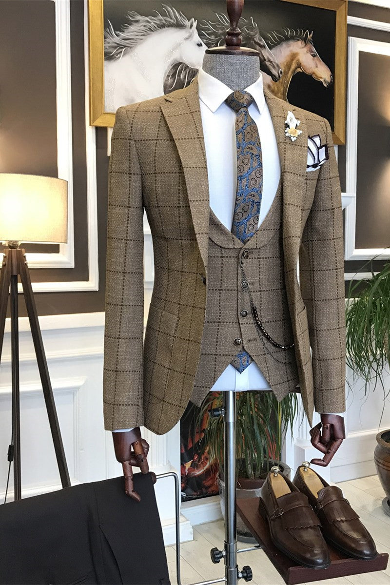 Archibald New Brown Plaid Peaked Lapel Three-Piece Business Men’s Suits