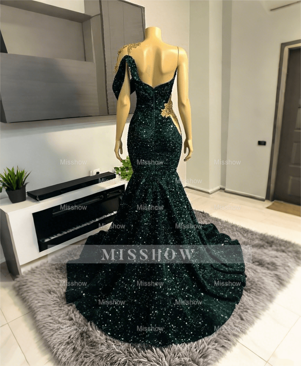 Asymmetric Dark Green Sequins Mermaid Prom Dress Gold 3D Crystals Bodycon Party Gown