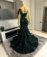 Asymmetric Dark Green Sequins Mermaid Prom Dress Gold 3D Crystals Bodycon Party Gown