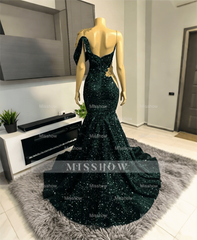 Asymmetric Dark Green Sequins Mermaid Prom Dress Gold 3D Crystals Bodycon Party Gown