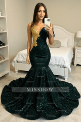 Asymmetric Dark Green Sequins Mermaid Prom Dress Gold 3D Crystals Bodycon Party Gown