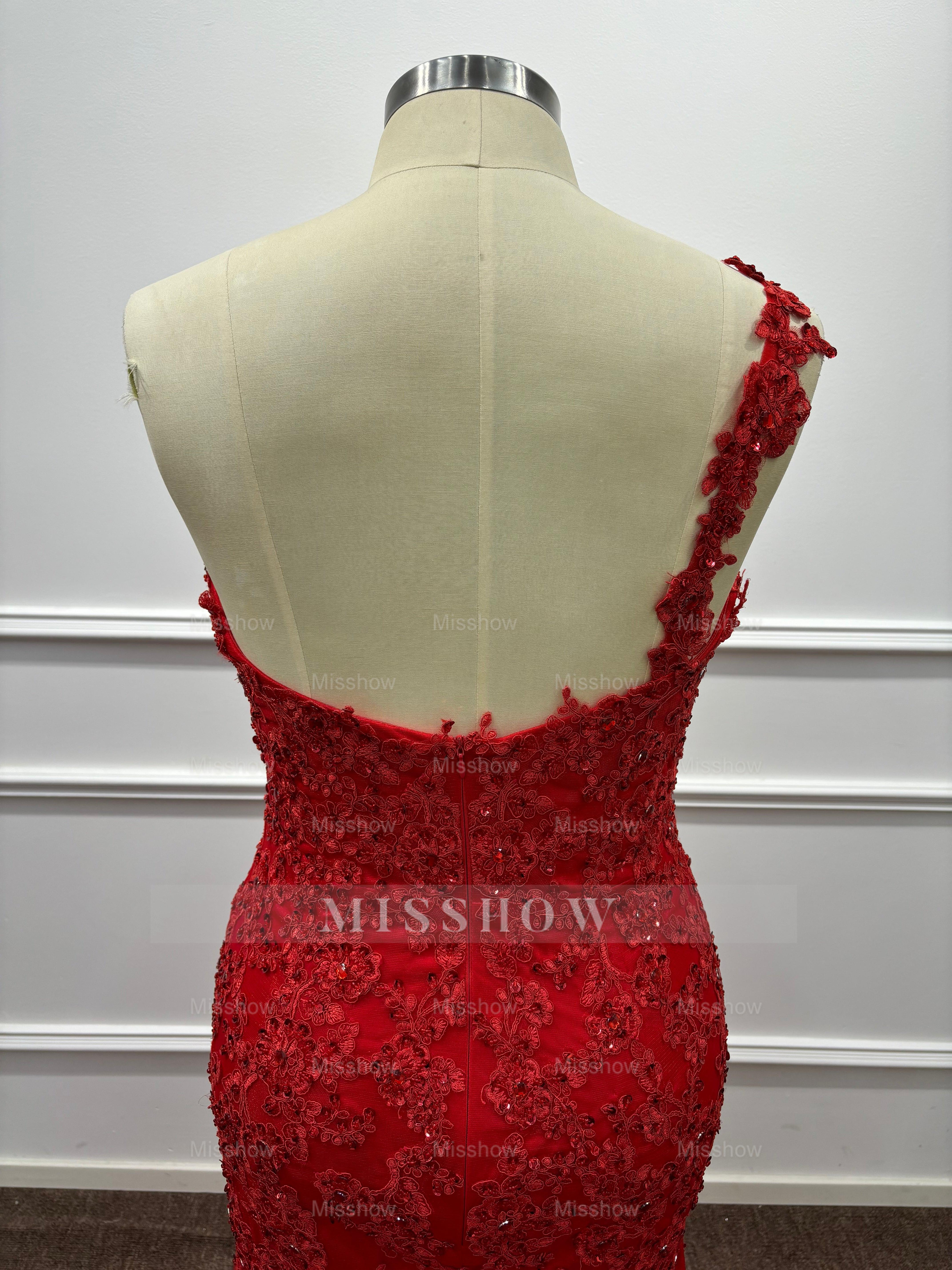 Asymmetric Red One Shoulder Lace Mermaid Prom Dress with Slit