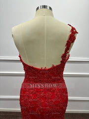 Asymmetric Red One Shoulder Lace Mermaid Prom Dress with Slit