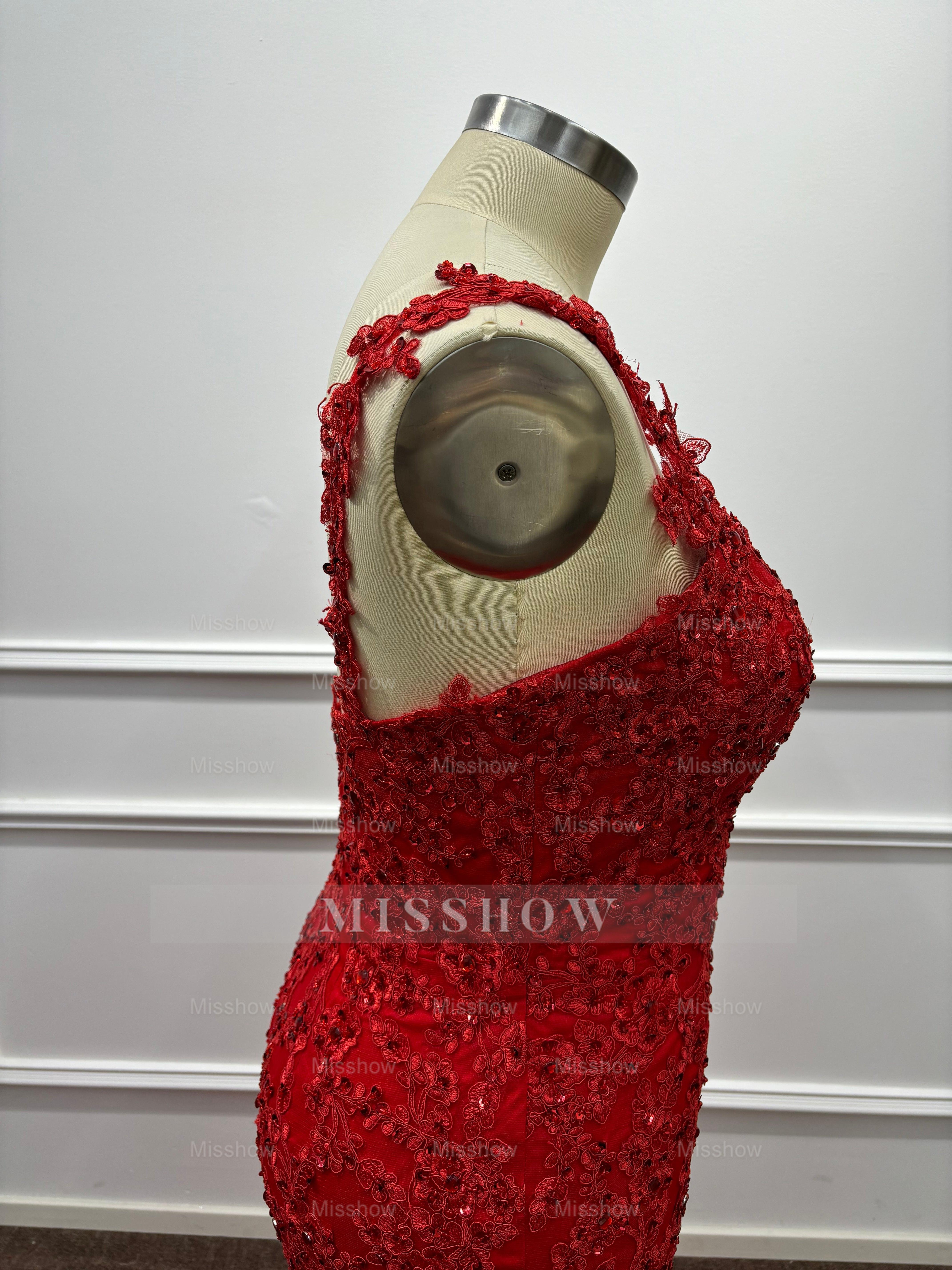 Asymmetric Red One Shoulder Lace Mermaid Prom Dress with Slit