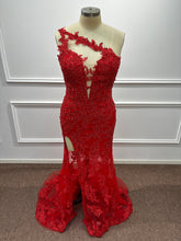 Asymmetric Red One Shoulder Lace Mermaid Prom Dress with Slit