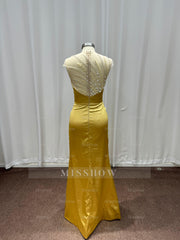 Asymmetric Yellow Strapless Beaded Column Evening Dress with Slit