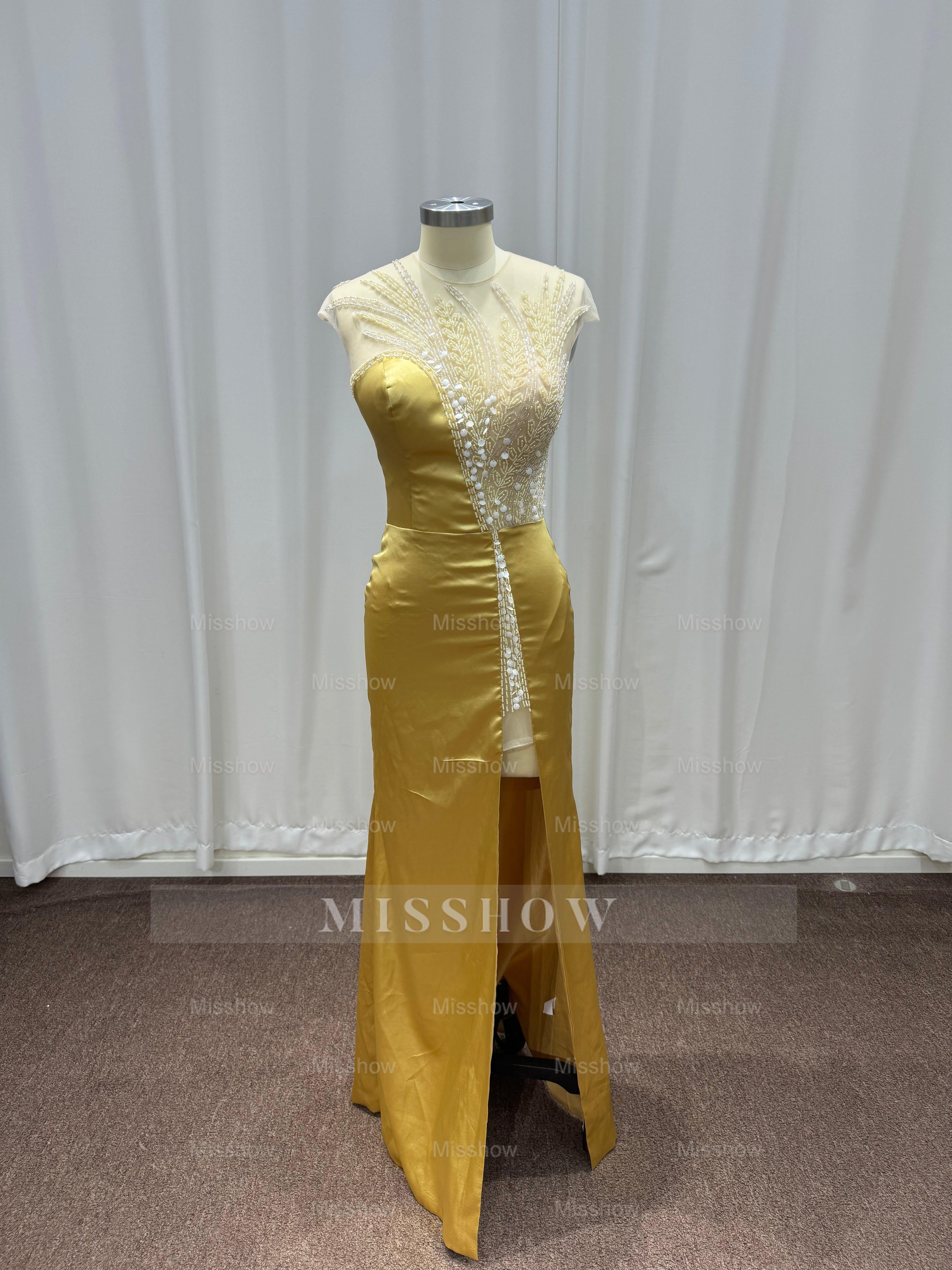 Asymmetric Yellow Strapless Beaded Column Evening Dress with Slit
