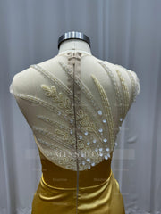 Asymmetric Yellow Strapless Beaded Column Evening Dress with Slit