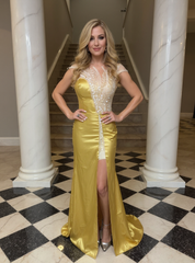 Asymmetric Yellow Strapless Beaded Column Evening Dress with Slit